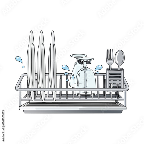 A wire dish rack holds wet plates, glasses, and silverware, with water droplets