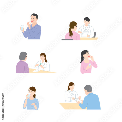 Medical and nursing illustration set: hospital care, medical exam, and vaccination