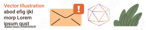 Digital communication, notifications, geometry, abstract concepts, technological visuals, nature . Envelope with alert sign, geometric shape leaves. Digital communication and notifications visuals