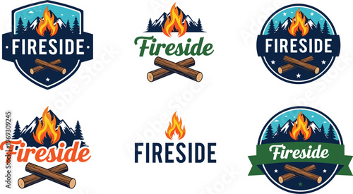 This image displays three variations of a fireside logo incorporating mountains flames and wood elements for a cozy aesthetic high quality professional detailed