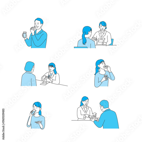 Medical and nursing illustration set: hospital care, medical exam, and vaccination