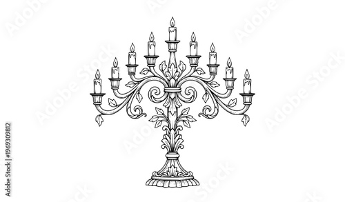 Ornate nine-candle candelabra detailed line art vector illustration