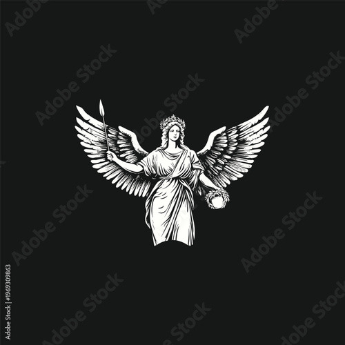 Ancient Greek goddess Nike illustration with wings holding a spear and laurel wreath in vintage engraving style.