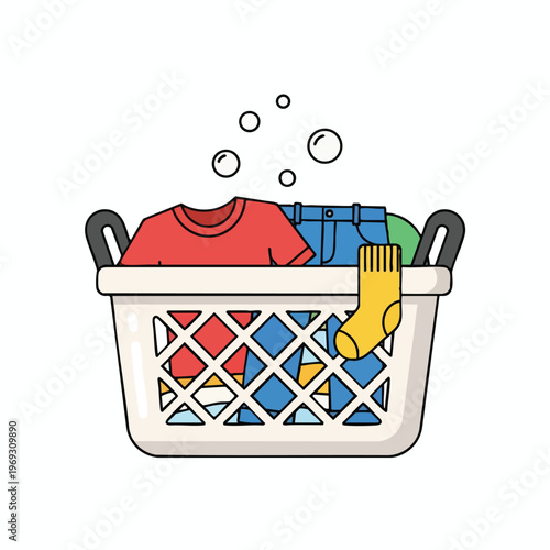 A laundry basket overflowing with colorful clothes and bubbles