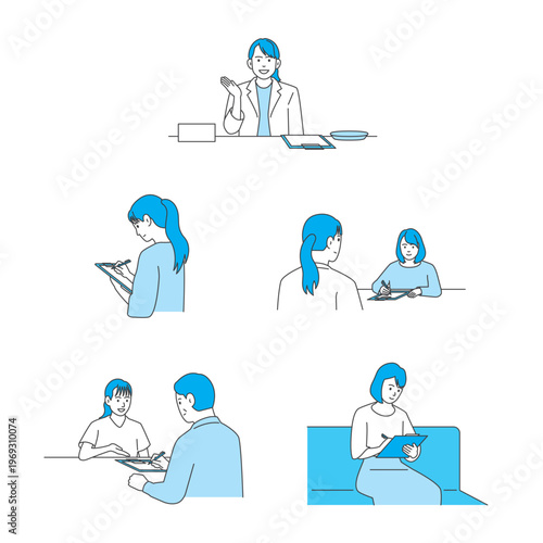Medical and nursing illustration set: hospital care, medical exam, and vaccination