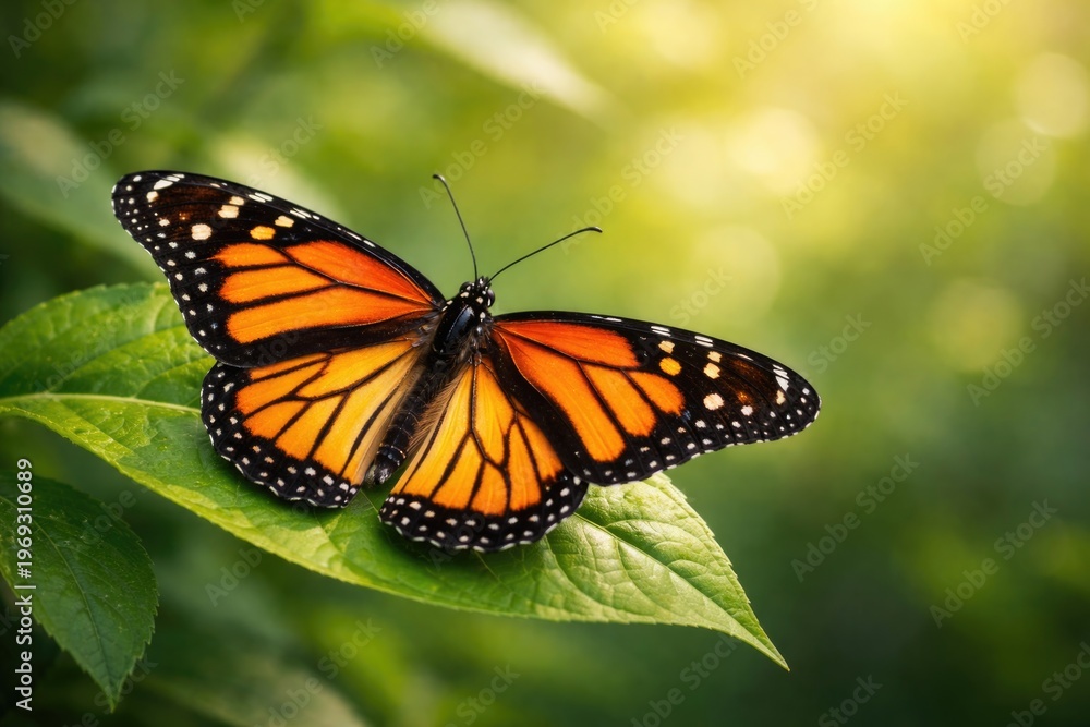 Obraz premium Vibrant butterfly resting on fresh green leaf with wings spread in soft daylight and blurred background copy space