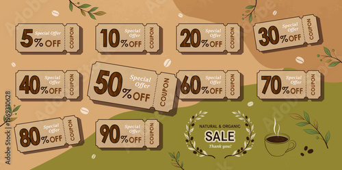 クラフト紙ベースのナチュラル＆オーガニックな割引クーポンチケットセット。ブラウンとモスグリーンのアースカラーが優しい