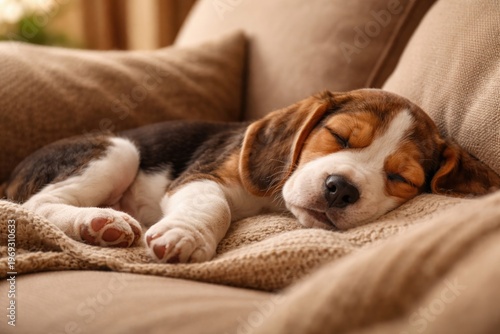 Charming Beagle puppy resting peacefully on a cozy indoor sofa