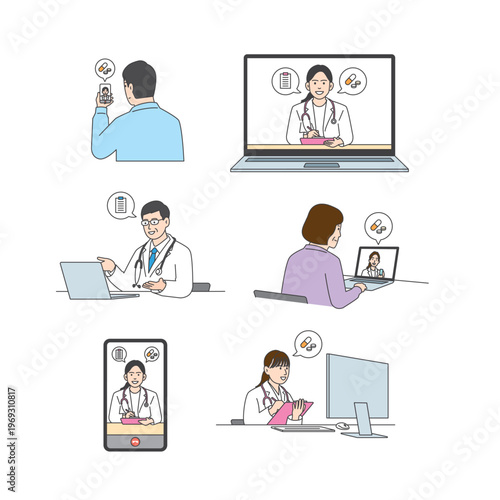 Medical and nursing illustration set: hospital care, medical exam, and vaccination