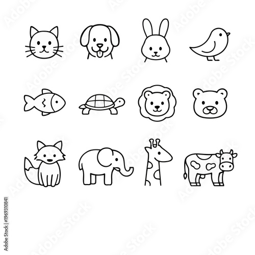 Minimal Line Art Animal Icons Set, Cute Wildlife and Pet Outline Vector Collection
