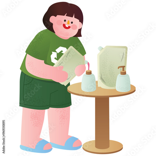 Eco Recycle Illustration. Vector illustration of Person refilling container from dispenser to reduce plastic waste and support eco living. Isolated on background