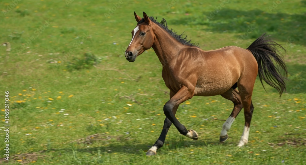 Fototapeta premium Spirited Trakehner foal running freely on verdant summer grassland