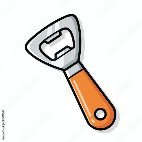A silver bottle opener with an orange handle on a white background