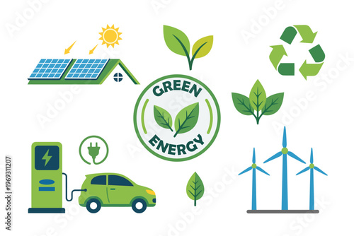 Eco friendly energy concept icons with green leaves, EV car, solar roof, recycle and wind power