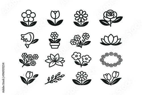 Collection of diverse stylized floral and plant icons in a grid layout