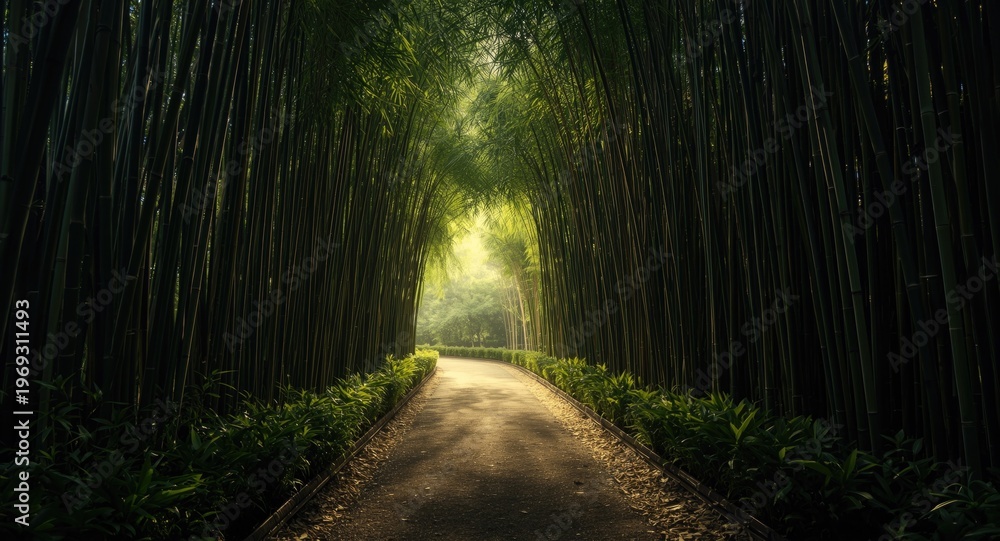 Obraz premium Sunlit bamboo grove pathway creating a tranquil atmosphere in a lush garden