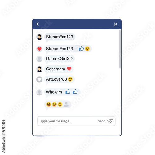 Chat interface with user names, messages, reactions, and input field