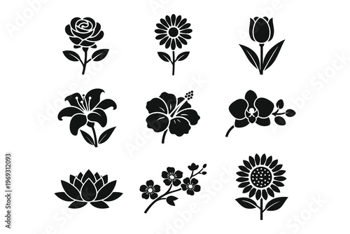 Black and white line art collection of various stylized flowers and blooms
