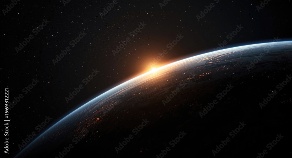 Naklejka premium Space image portraying a planet with atmospheric glow and distant stars