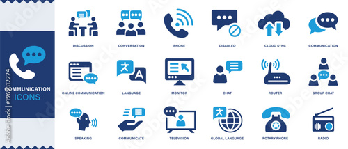 Communication icon set. Conversation, message, contact, announcement, email, phone, television, radio, speaker, Solid vector icons collection.