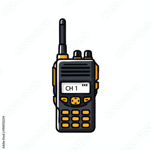 A hand-drawn image of a black and yellow portable radio displaying "CH 1