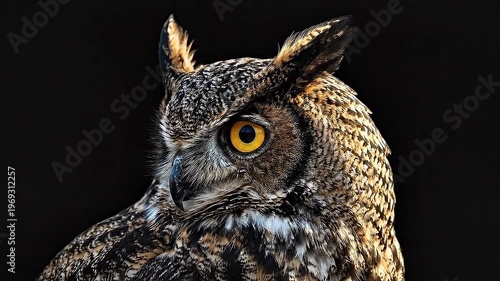 Great Horned Owl Intense Gaze on Black Background