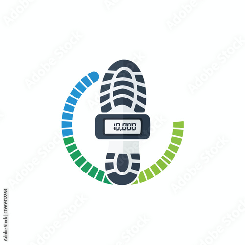 A shoe sole displays "10,000" on a pedometer surrounded by a progress bar