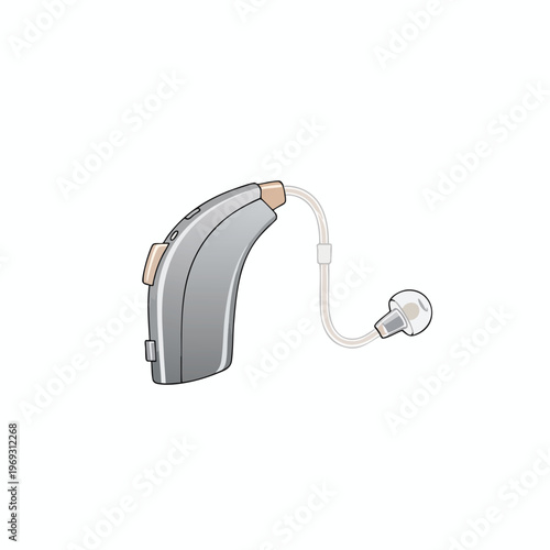 Gray behind-the-ear hearing aid with translucent tube and earbud