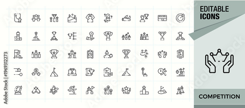 Competition vector line icon set. Modern linear icons. Competitive icon set. Contain linear sign sport, feat, sprint, competitive, fight, trophy and more.