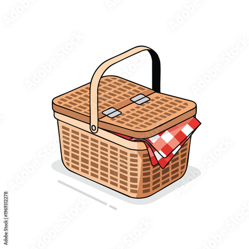 Woven picnic basket with lid, handle, and red checkered cloth peeking out