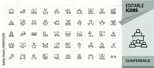 Conference line icon set. Thin linear style icons. Includes symbols for meet, training, meeting, business, people. Art and illustration. Meeting modern icon set.