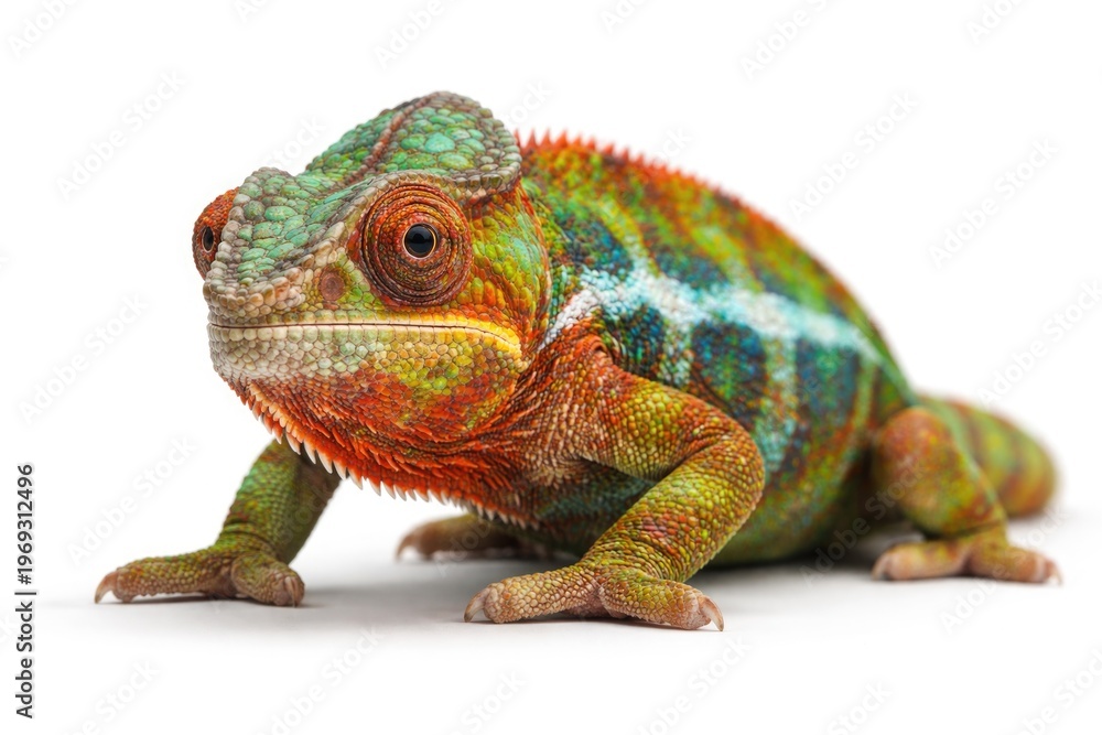 Fototapeta premium Crouching chameleon resting on a plain white backdrop