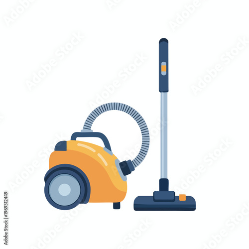 A flat design of an orange canister vacuum with a blue hose, wand, and floor head