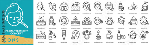 Facial Treatment Concept Icon set. Beauty Facial Mask, Organic Face Cream, Skin Hydration Therapy, Rejuvenating Facial Care, Anti Aging Treatment, Herbal Face Pack and Natural Facial Serum