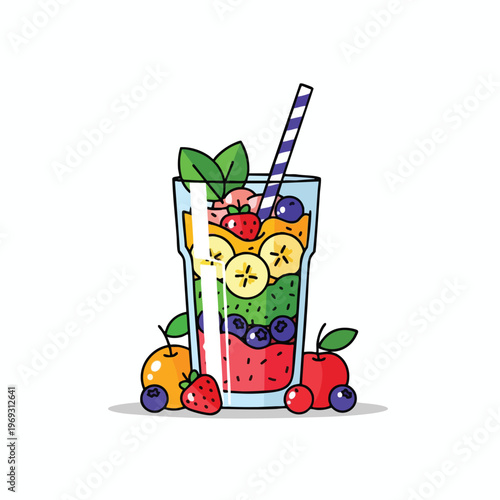 Tall glass filled with layered fruits and a striped straw, with fresh fruits