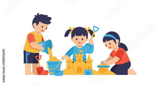 Three happy children are collaborating to build a detailed sandcastle using colorful buckets and shovels in a fun outdoor activity.