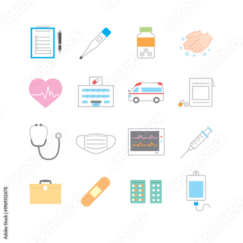 Medical and nursing illustration set: hospital care, medical exam, and vaccination