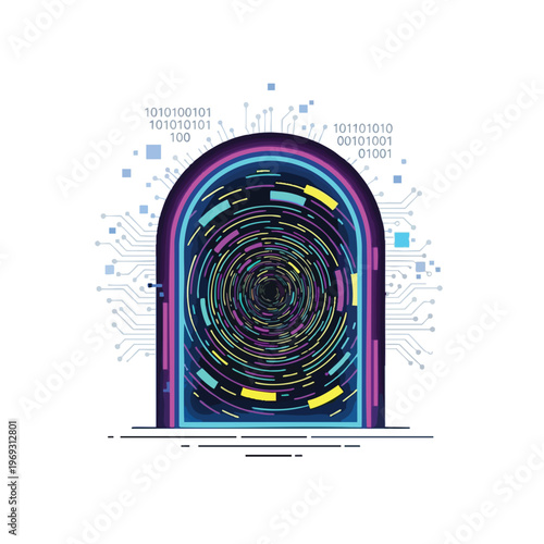 Abstract portal with swirling digital data patterns, circuits, and binary code