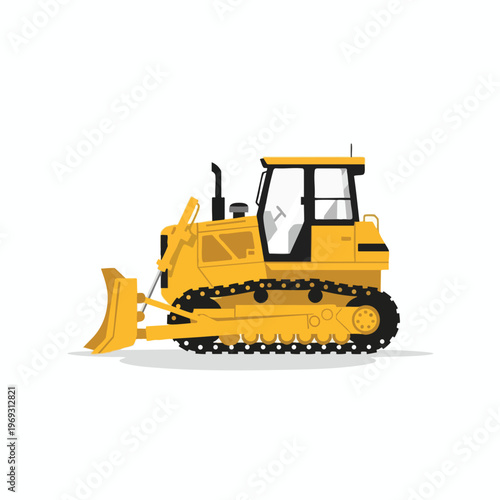 Yellow bulldozer with large metal blade, tracks, and enclosed cab