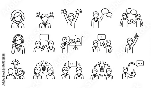 Customer audience and business interaction animated outline icons minimal teamwork communication motion graphics pack