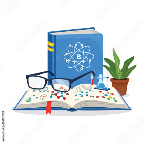 Blue textbook open with glasses, molecules, lab equipment, and plant