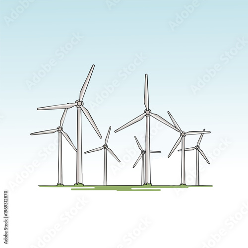 Multiple wind turbines with slender blades stand on green grass against a soft blue sky