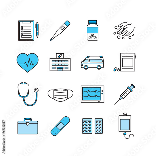 Medical and nursing illustration set: hospital care, medical exam, and vaccination