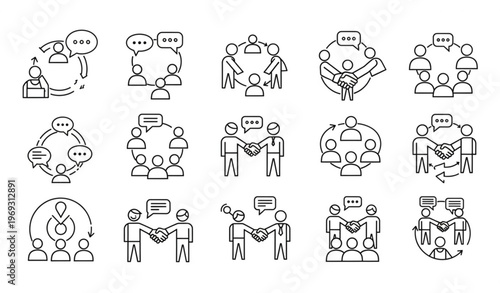 Abstract teamwork and communication animated line icons business collaboration motion graphics with alpha channel