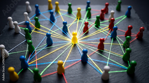 Business Networking Concept with Colorful Wooden Pieces and String Links