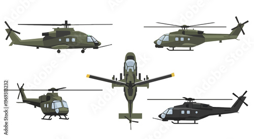 Military and Attack Helicopter Vector Illustration Set from Different Views Isolated on White Background