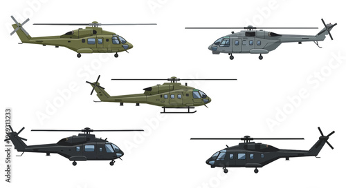 Military Helicopter Vector Set, Modern Air Transport Illustration Isolated on White Background.