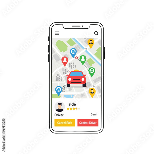 Smartphone display shows a ride-sharing app with map, driver info, and ride options