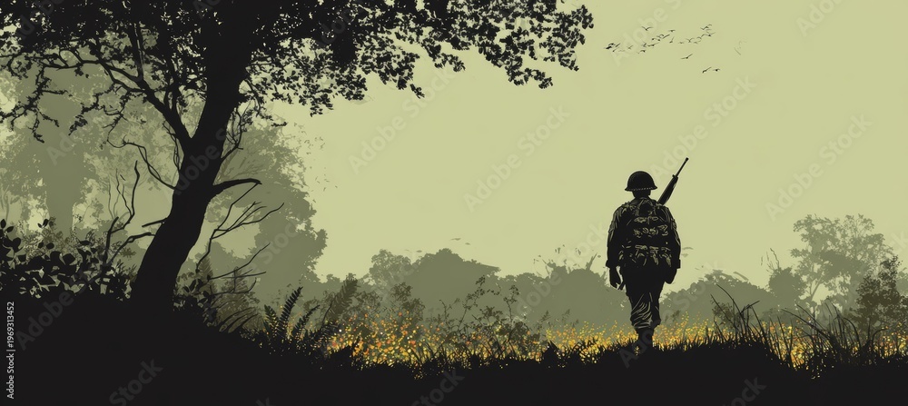 Obraz premium A soldier walk at nature forest field. Generative AI technology. 