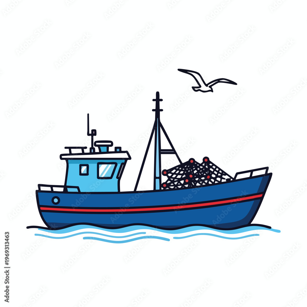 Naklejka premium Blue fishing boat with nets sails on wavy water, bird flies above
